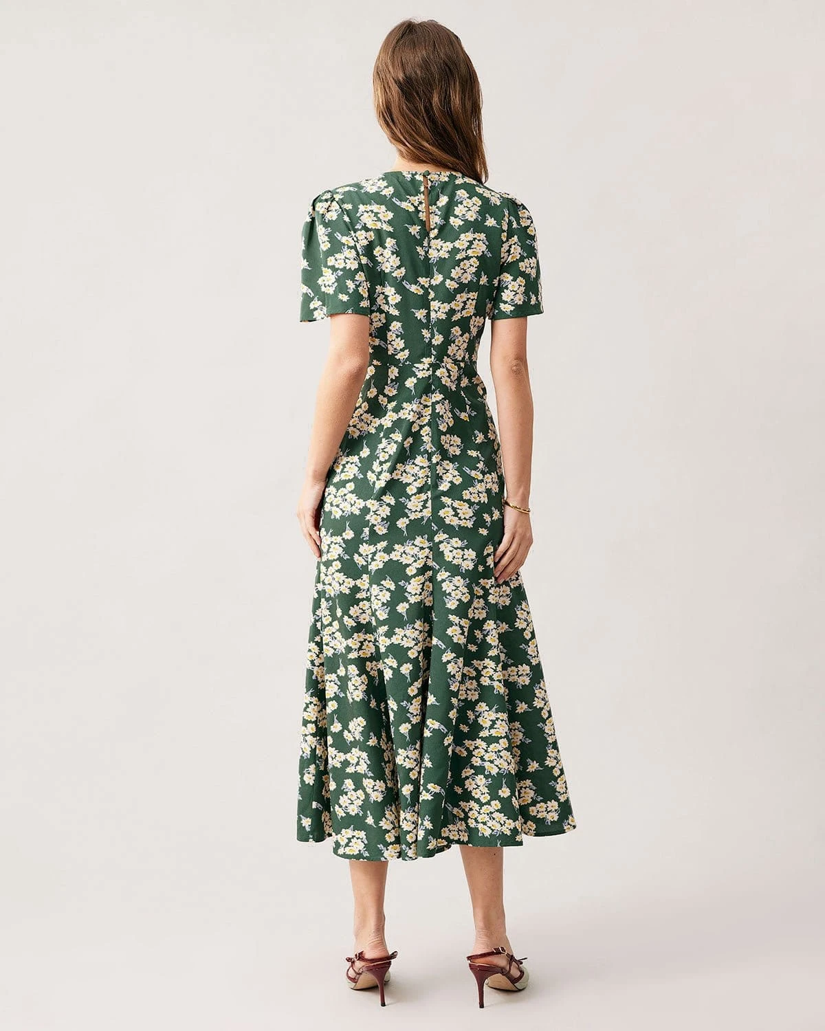 The Green Round Neck Short Sleeve Floral Midi Dress - Image 5