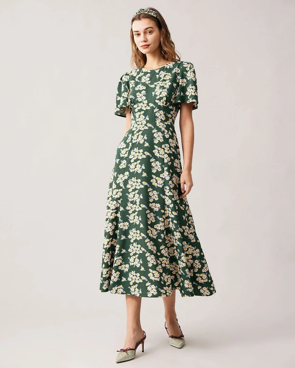 The Green Round Neck Short Sleeve Floral Midi Dress - Image 3