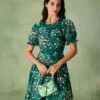 The Green Round Neck Floral Mini Dress