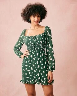The Green Square Neck Long Sleeve Mini Dress