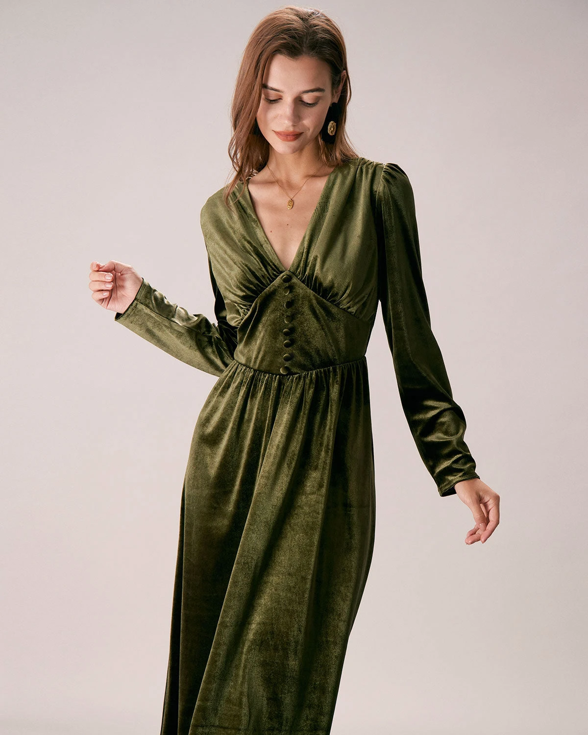 The Green V Neck Velvet Ruched Midi Dress - Image 3