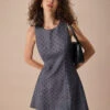 The Grey Round Neck Polka Dot Mini Dress