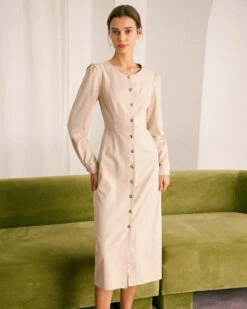 The Khaki Round Neck Button Up Midi Dress