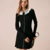 The Black Lace Collar Ribbed Mini Dress