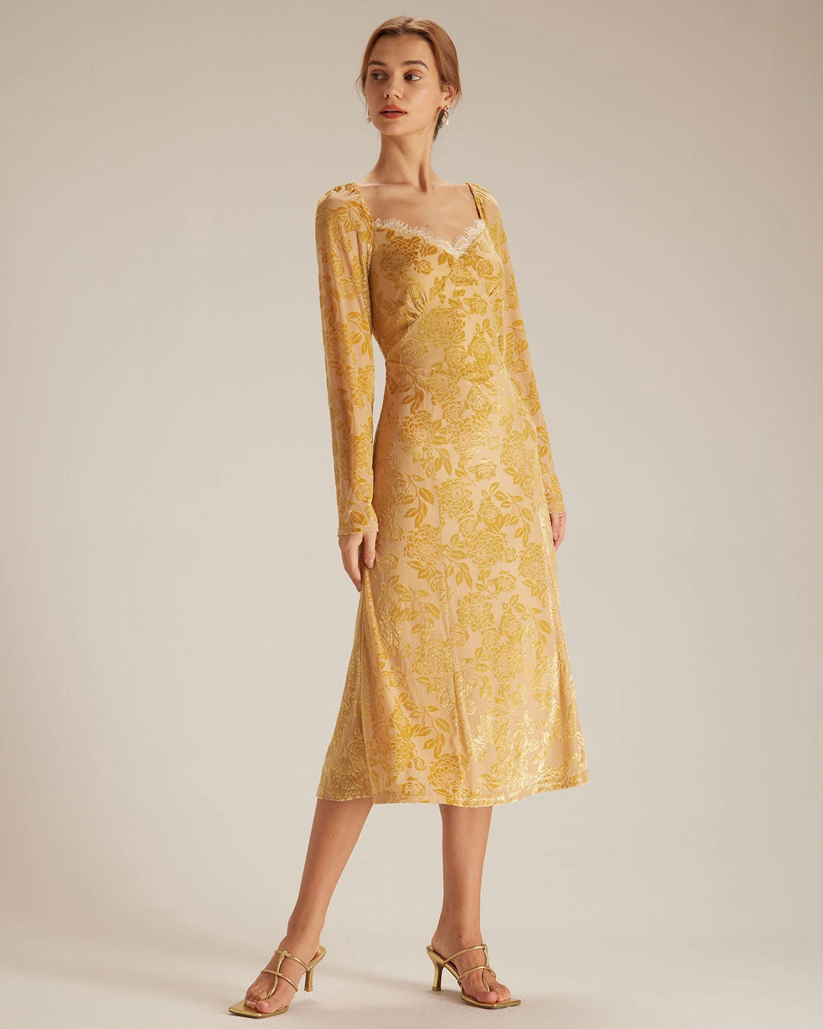 The Yellow Lace Trim Floral Burnout Midi Dress - Image 3