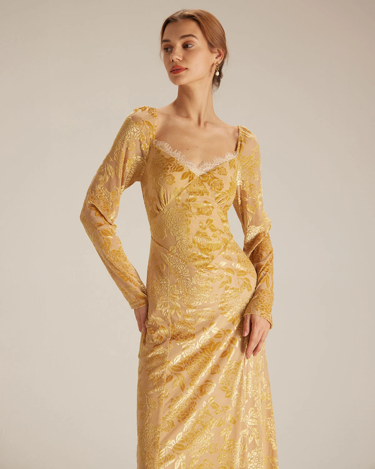 The Yellow Lace Trim Floral Burnout Midi Dress - Image 5