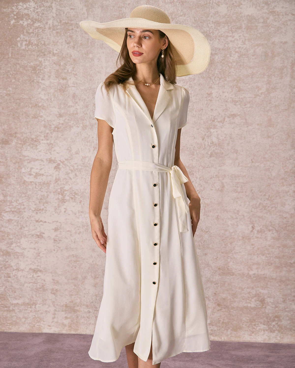 The Beige Lapel Collar Belted Shirt Midi Dress - Image 4