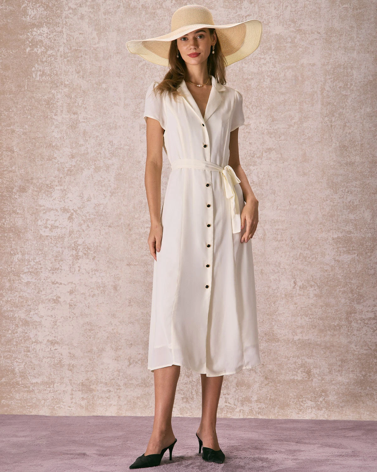 The Beige Lapel Collar Belted Shirt Midi Dress - Image 5
