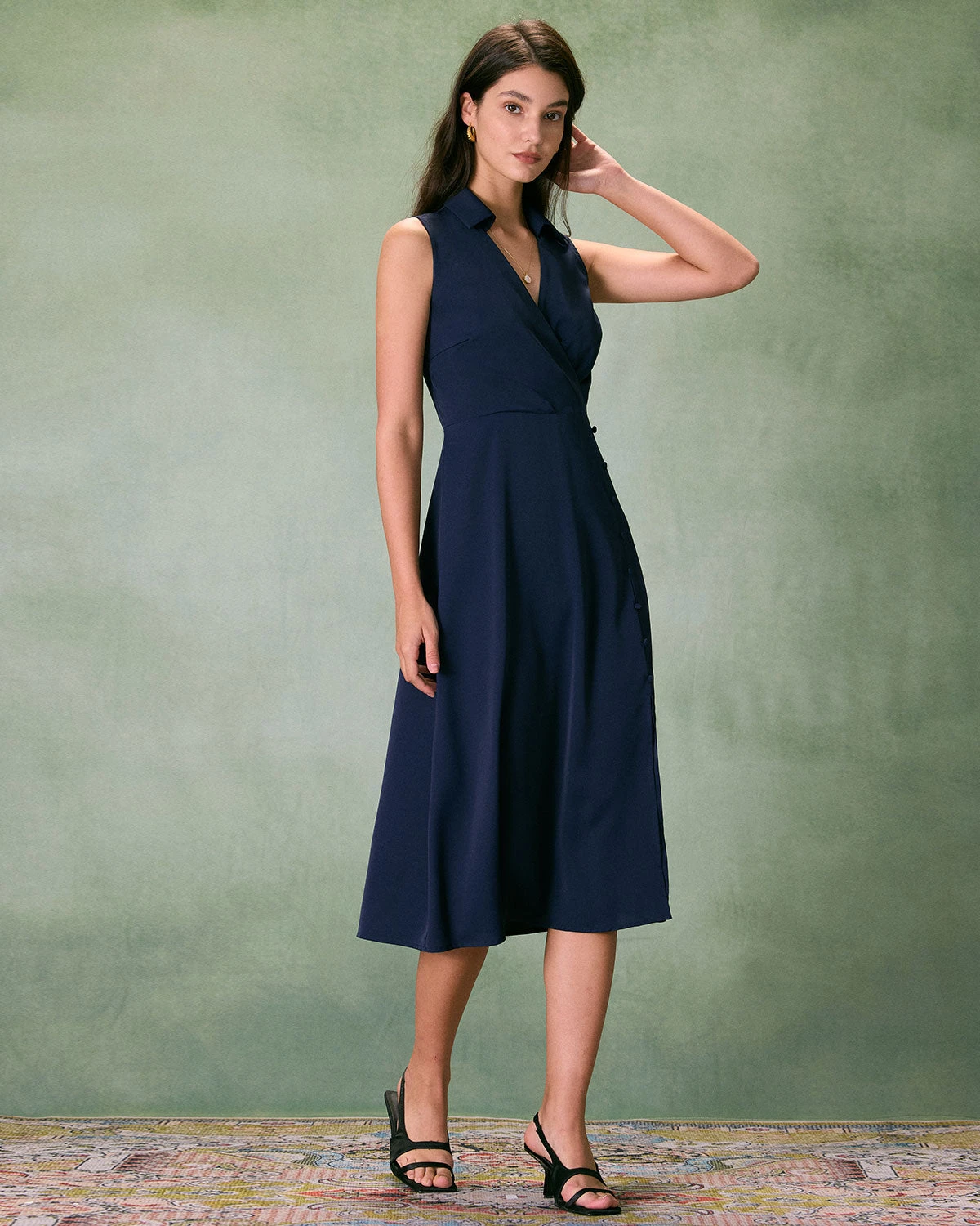 The Navy Collared Ruched Sleeveless Midi Dress - Image 5