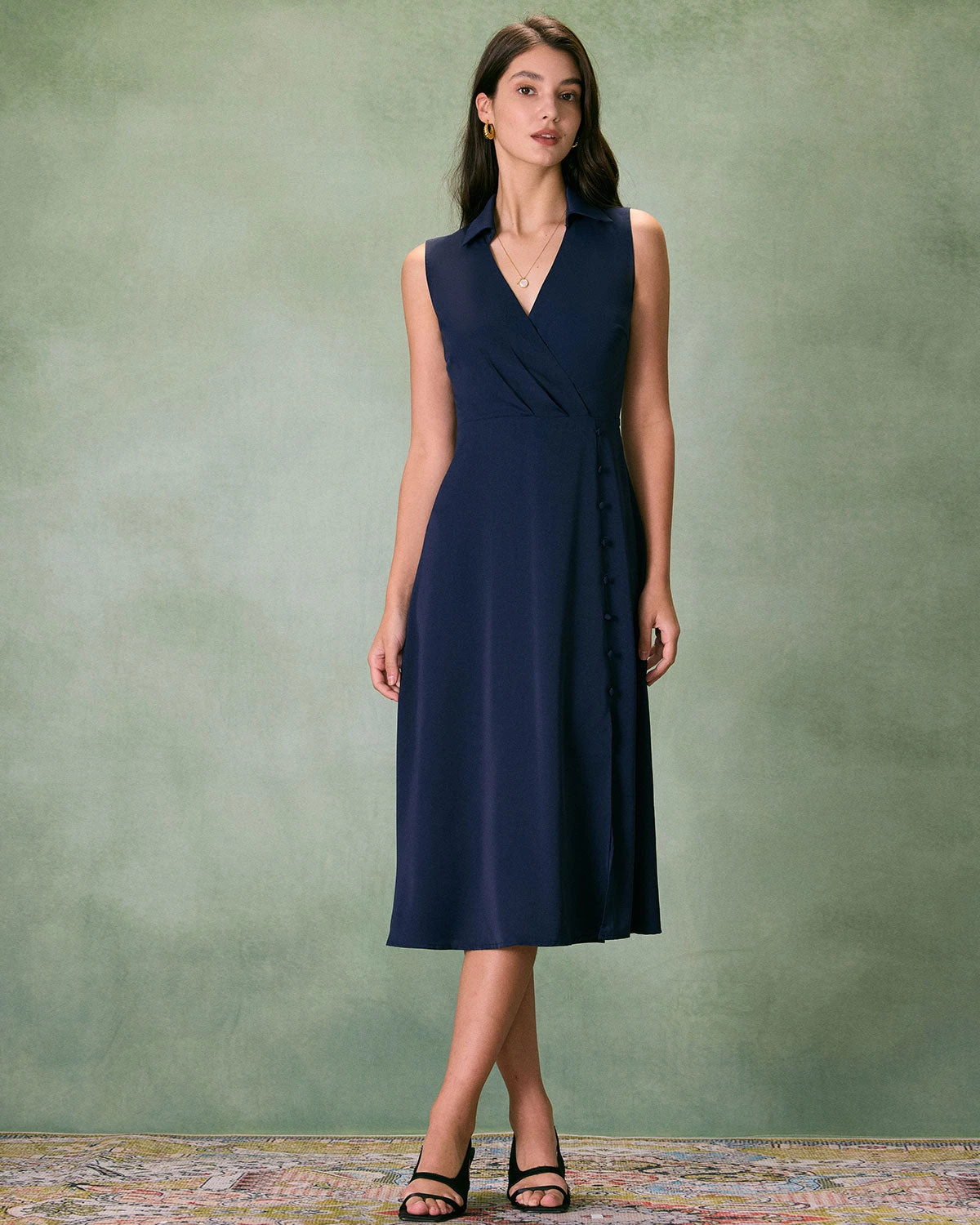 The Navy Collared Ruched Sleeveless Midi Dress - Image 4