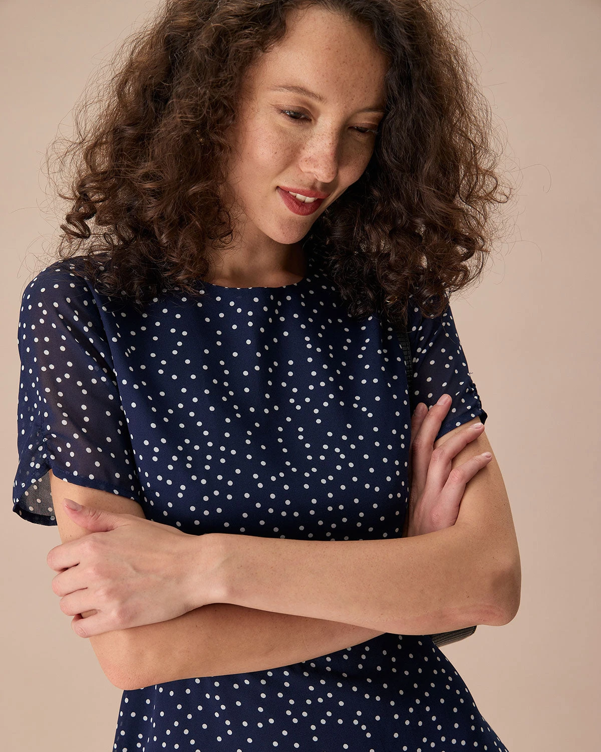 The Navy Crew Neck Polka Dot Cutout Mini Dress - Image 2