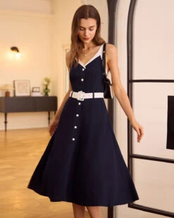 The Navy V Neck Colorblock Belted Midi Dress