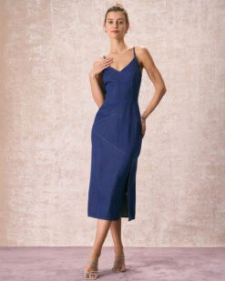 The Navy V-Neck Side Split Slip Midi Dress