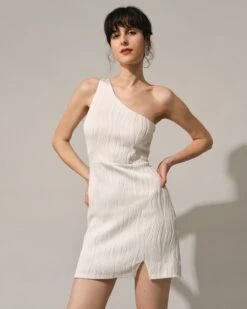 The White One-Shoulder Water Ripple Mini Dress