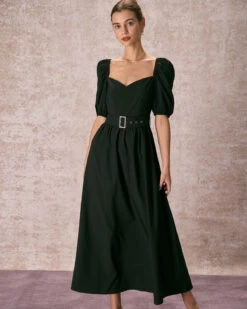 The Black Sweetheart Neck Puff Sleeve Belt Maxi Dress