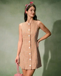 The Brown Boat Neck Plaid Mini Dress