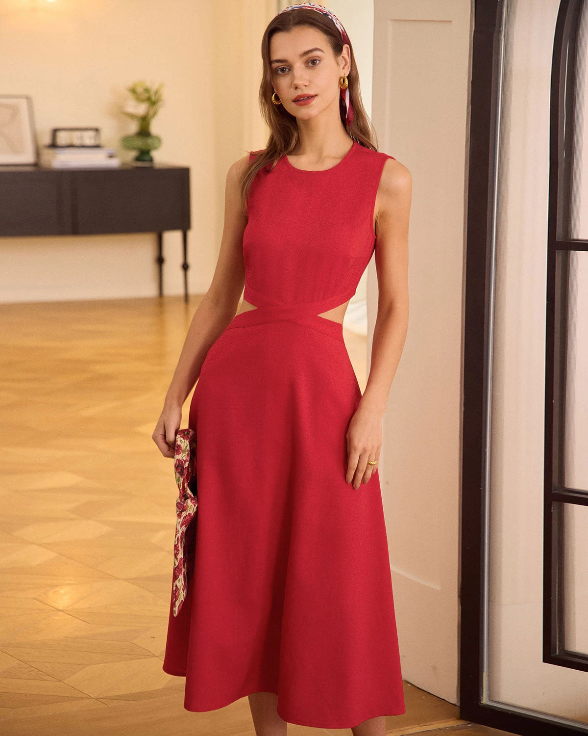 The Red Round Neck Cut-Out Midi Dress - Image 3