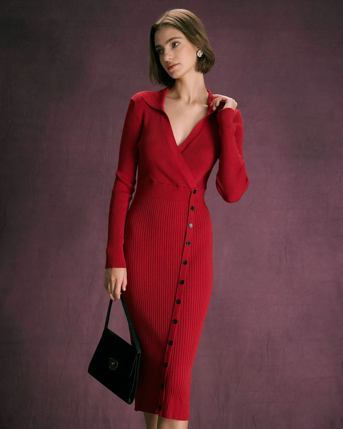 The Red V Neck Button Up Wrap Midi Dress - Image 2