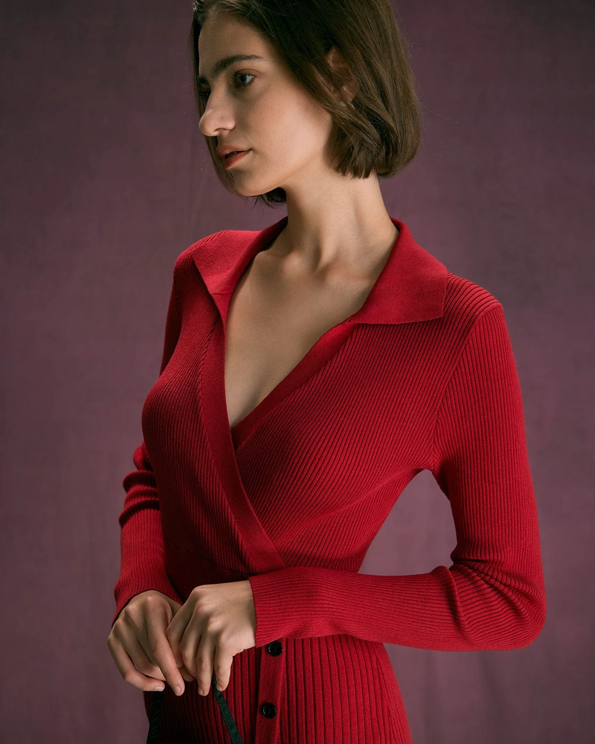 The Red V Neck Button Up Wrap Midi Dress - Image 3