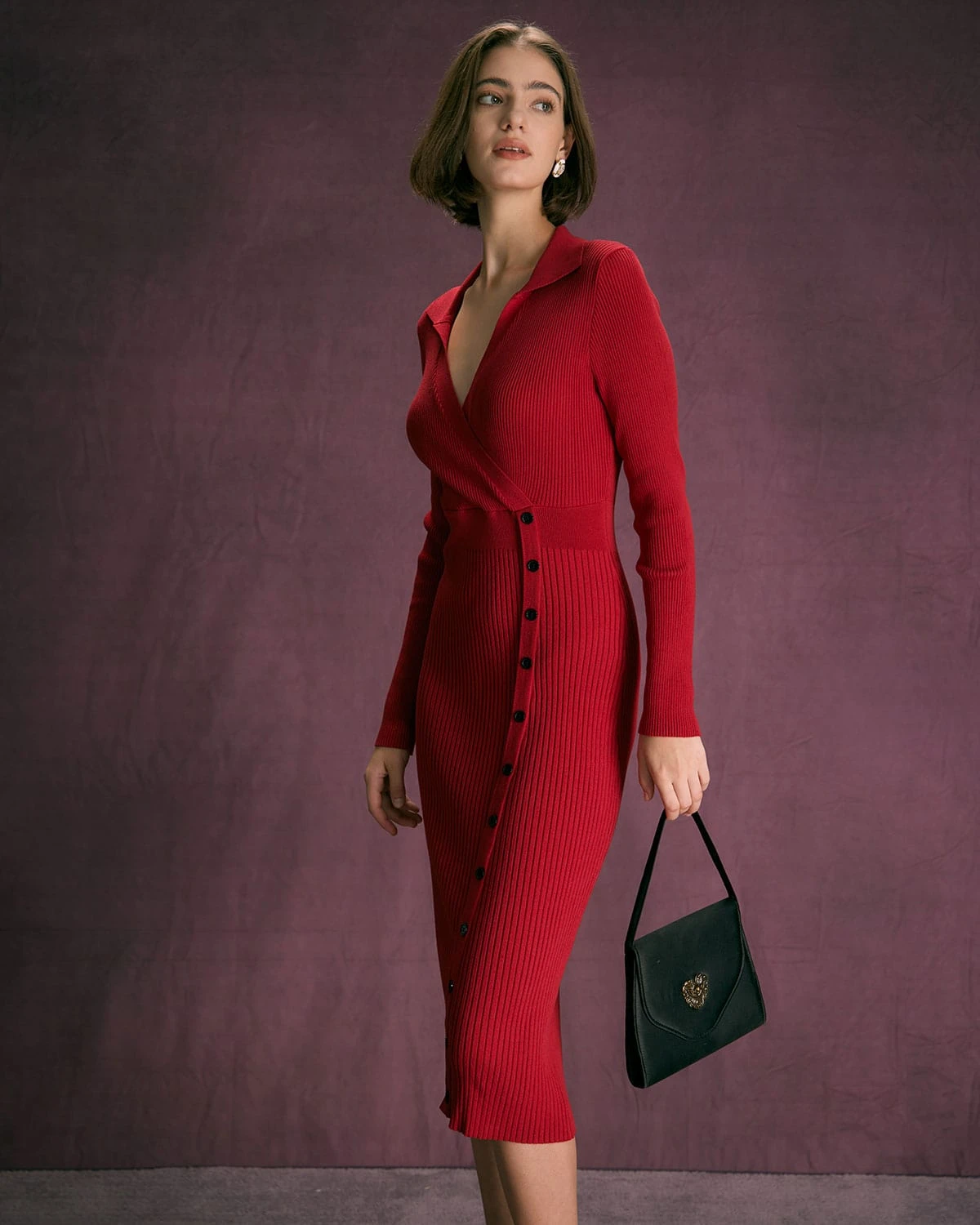 The Red V Neck Button Up Wrap Midi Dress - Image 4