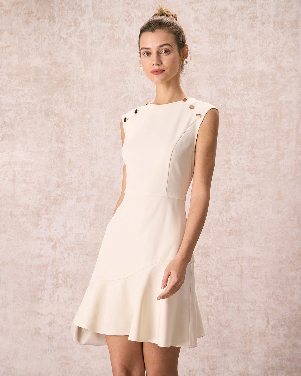The Beige Button-Shoulder Flounce Mini Dress - Image 3