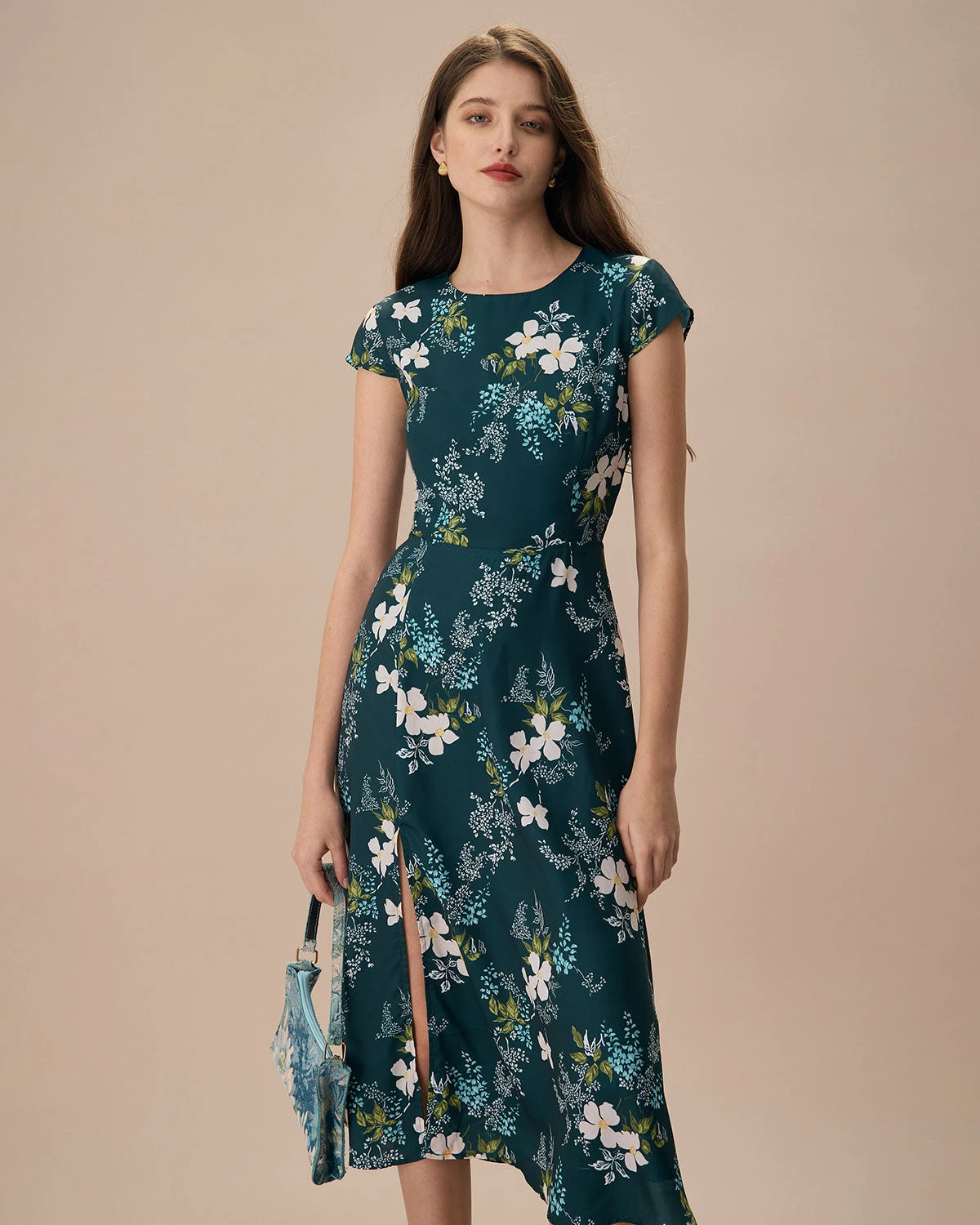 The Green Round Neck Cutout Floral Midi Dress - Image 3