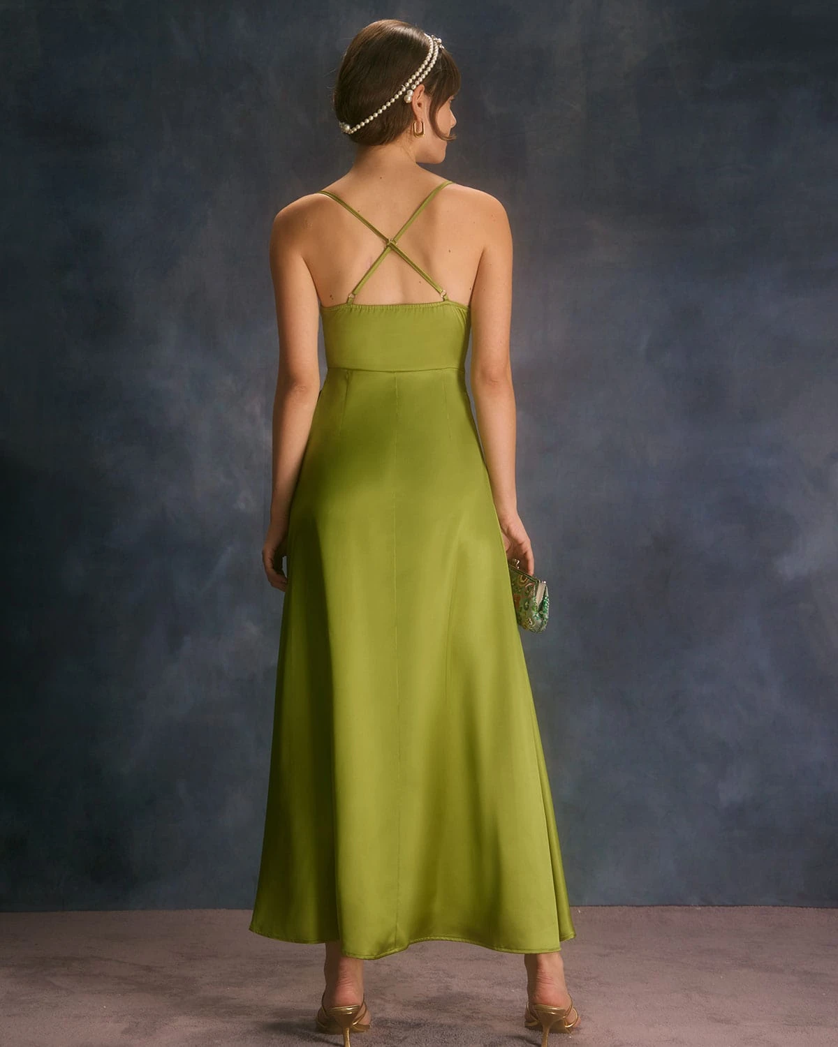 The Green Cowl Neck Split Satin Maxi Dress - Image 2