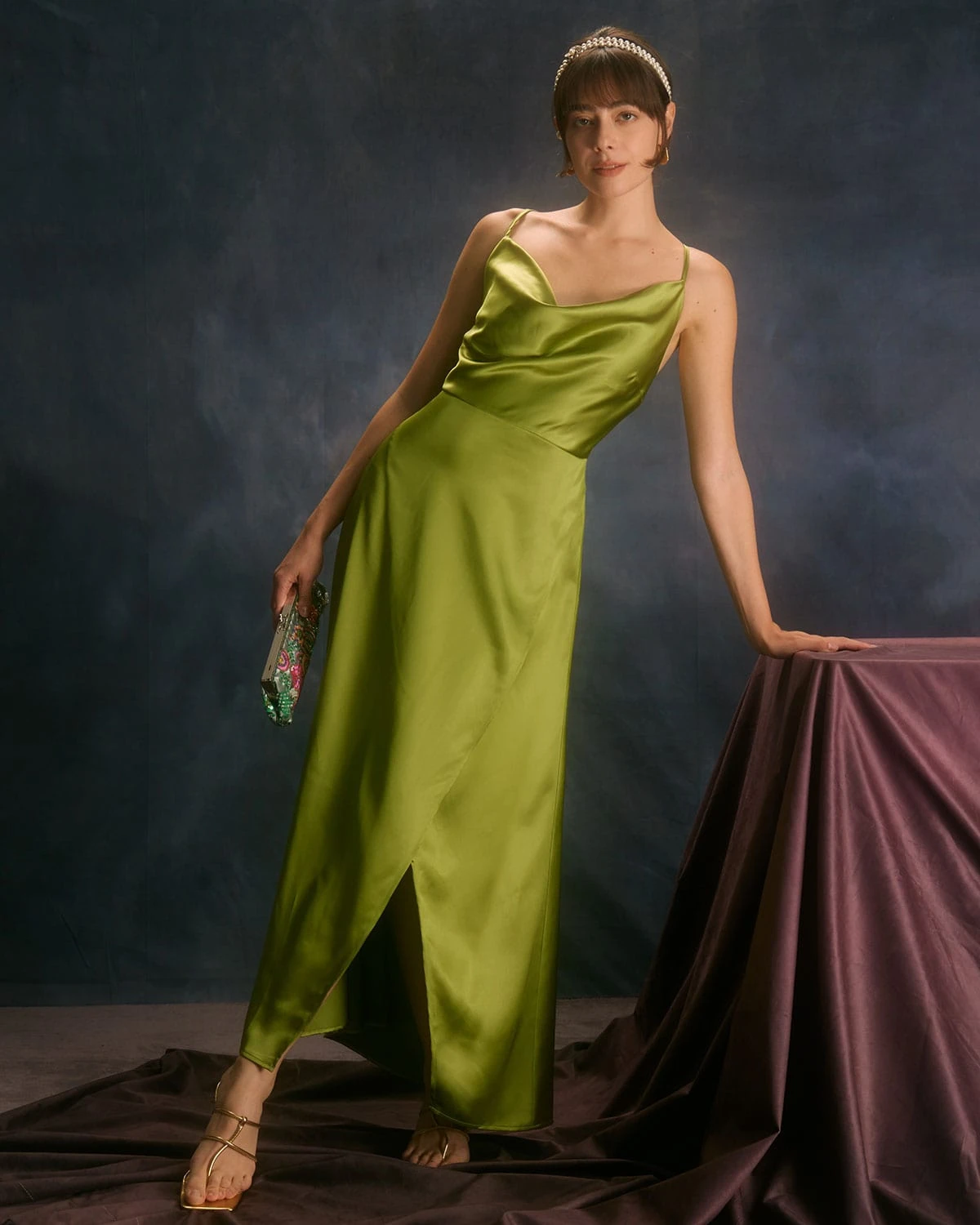 The Green Cowl Neck Split Satin Maxi Dress - Image 3
