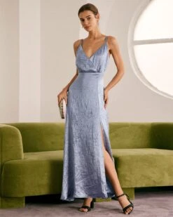 The Blue V Neck Satin Slit Slip Maxi Dress