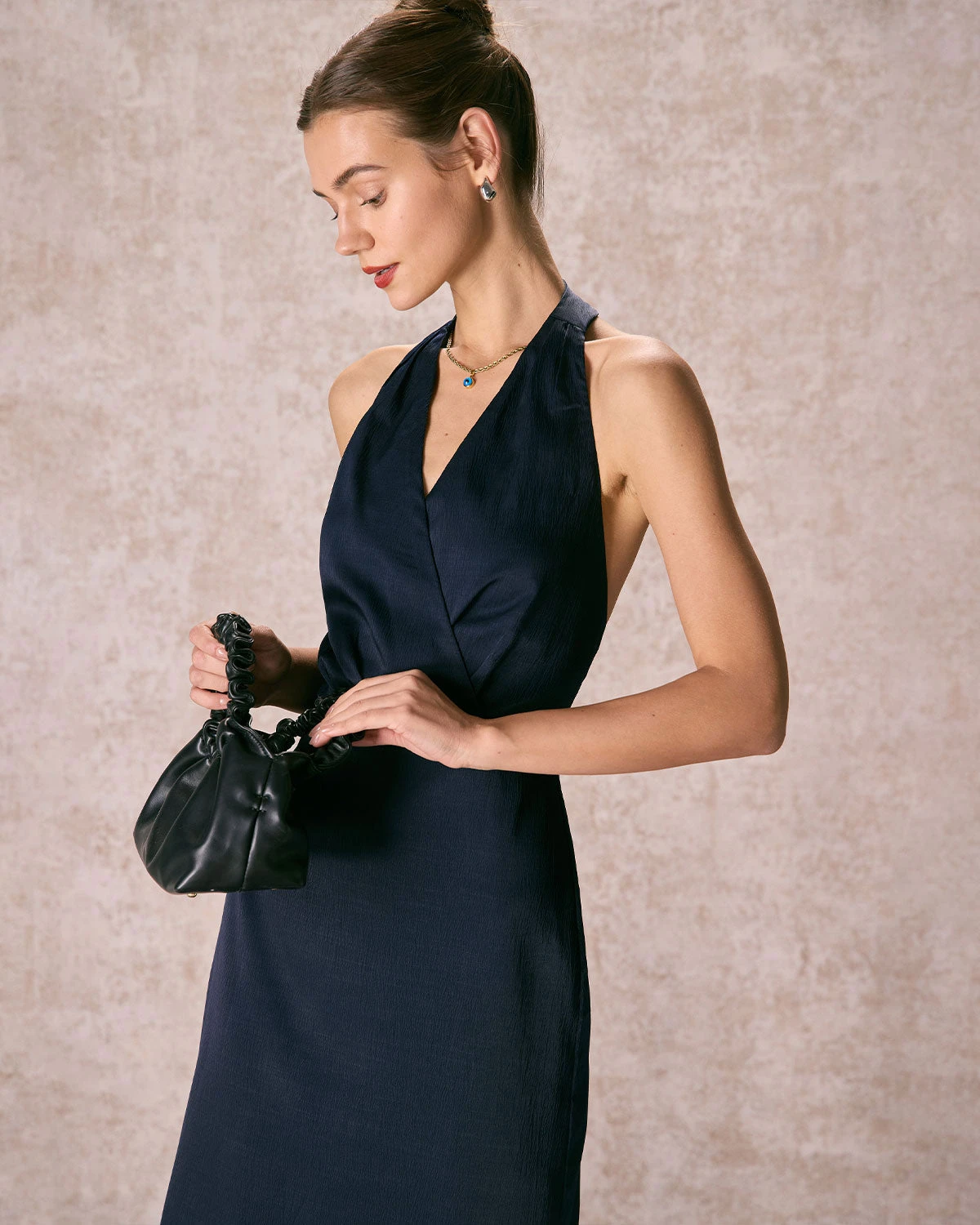 The Navy Halter Ruched Wrap Satin Midi Dress - Image 3