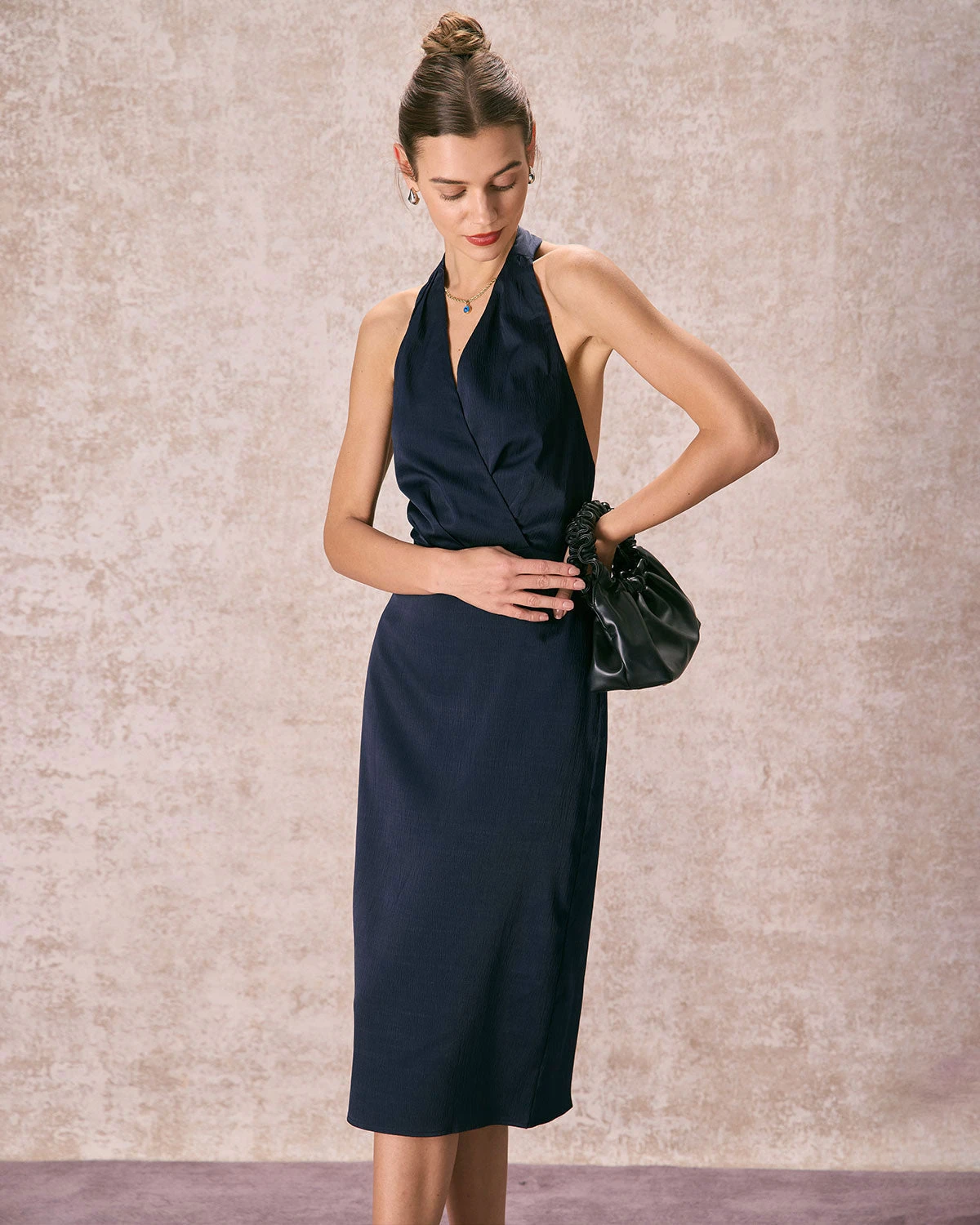 The Navy Halter Ruched Wrap Satin Midi Dress - Image 5