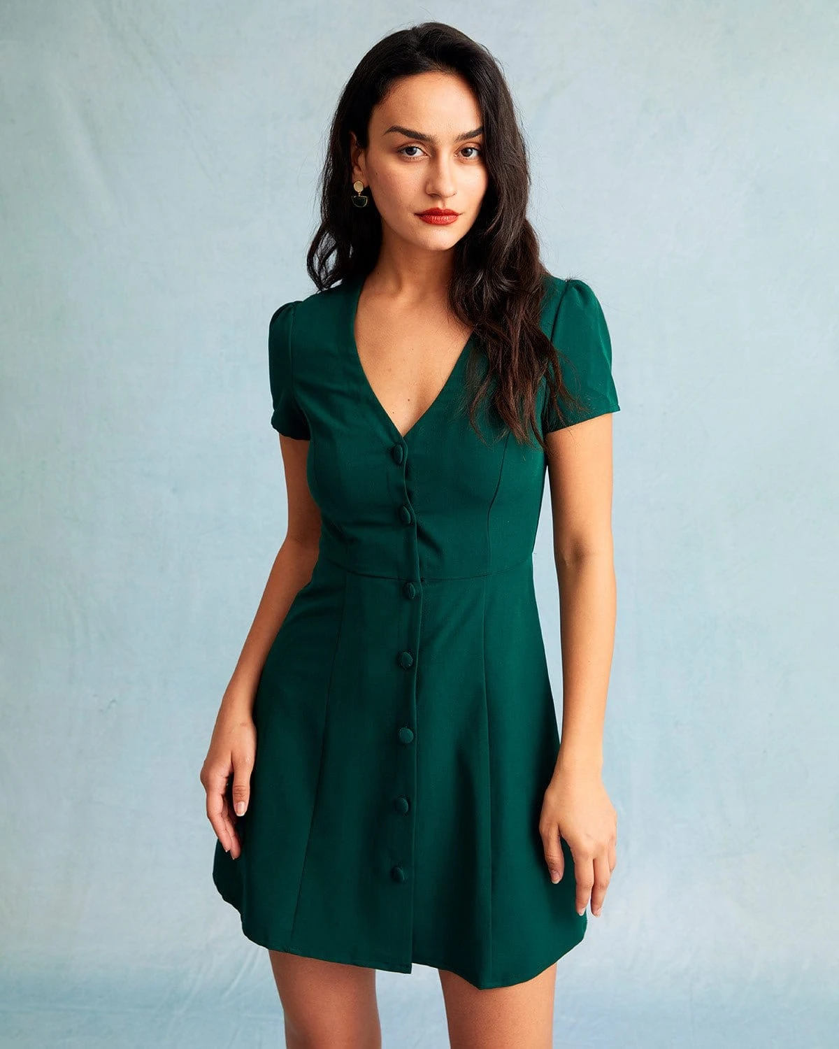 The Dark Green V Neck Button-up Shirt Mini Dress - Image 2
