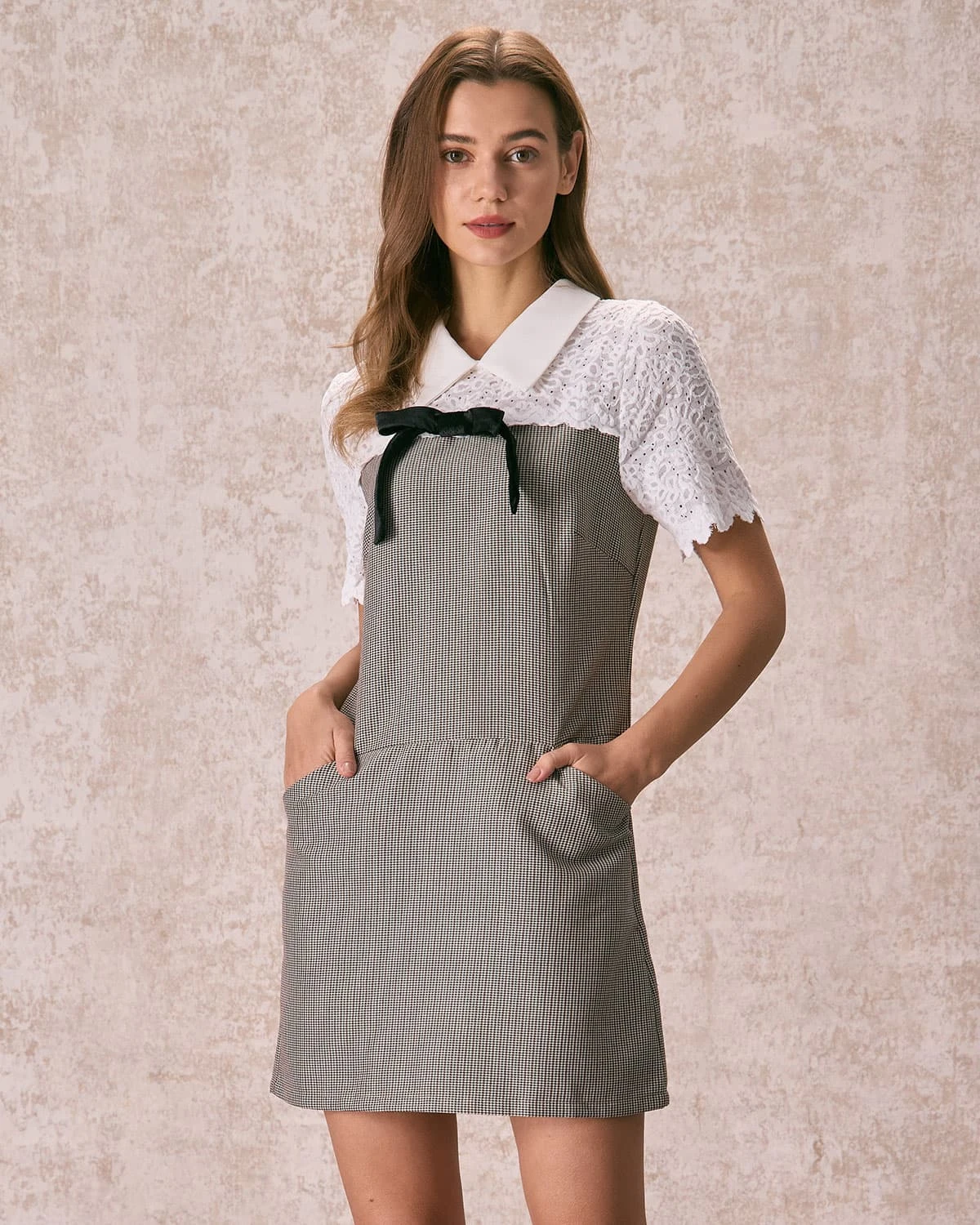 The Grey Shirt Collar Spliced Plaid Mini Dress - Image 4