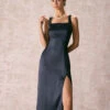 The Navy Square Neck Sheath Satin Midi Dress