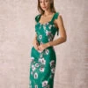 The Green Floral Satin Tie Strap Midi Dress