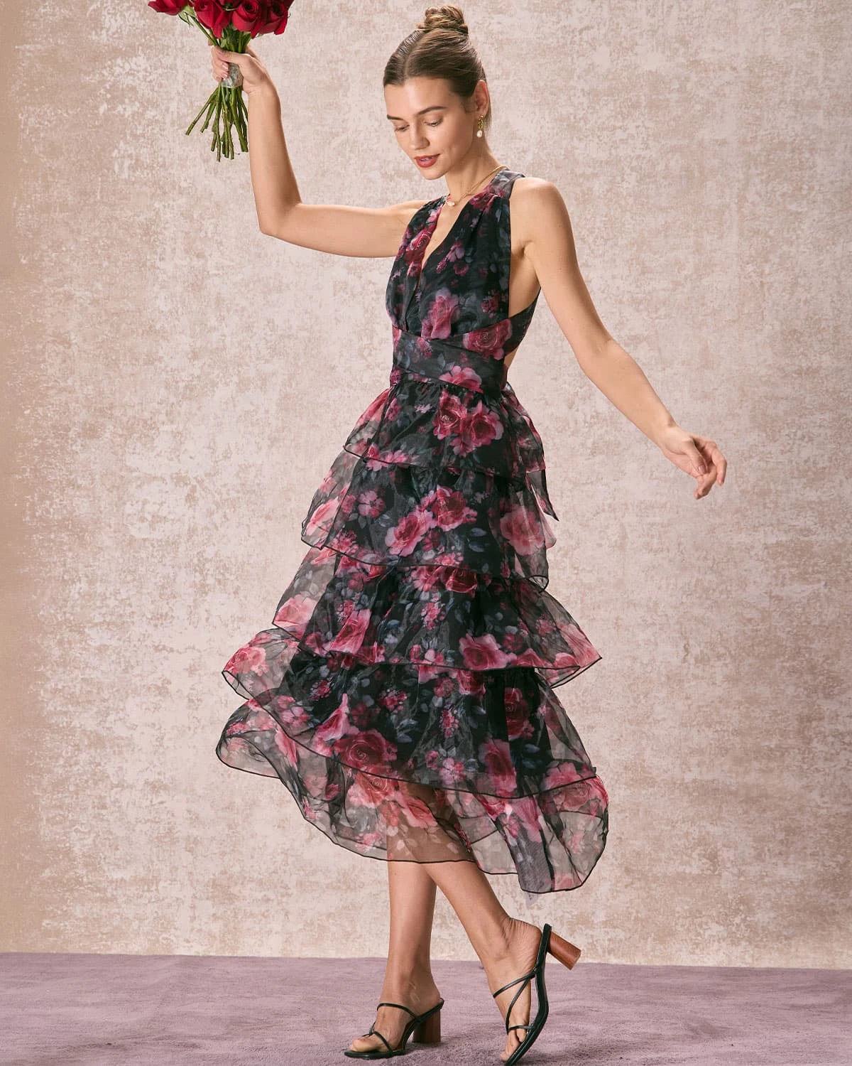 The V Neck Floral Layered Midi Dress - Image 4