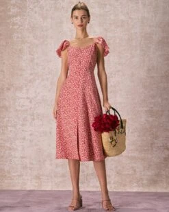 The Red V-Neck Front Slit Floral Midi Dress