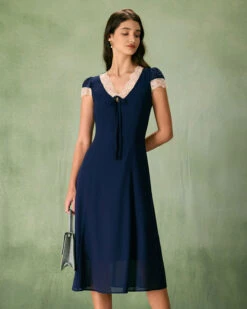 The Navy V-Neck Lace Trim Midi Dress