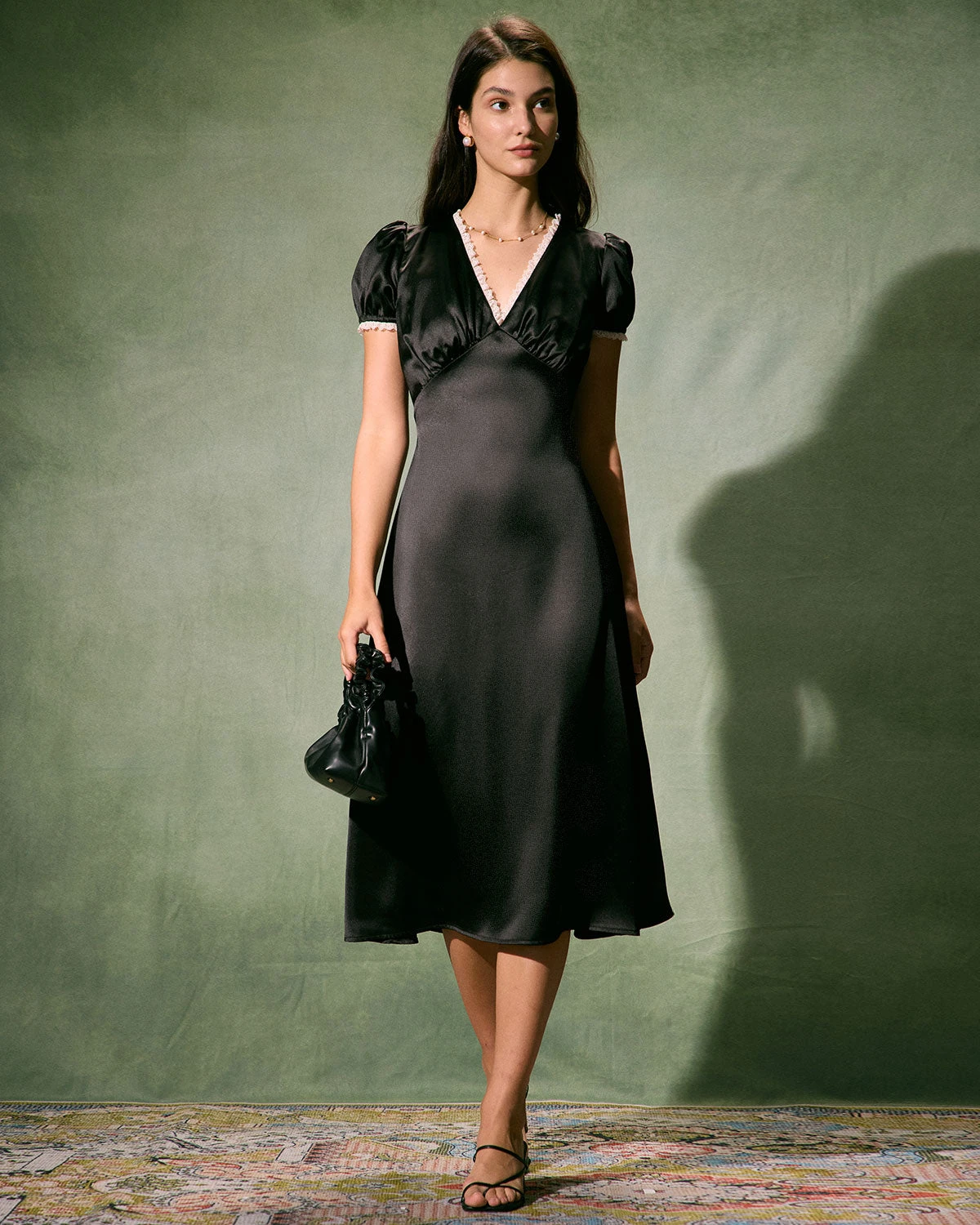 The Black V-Neck Lace Trim Satin Midi Dress - Image 2