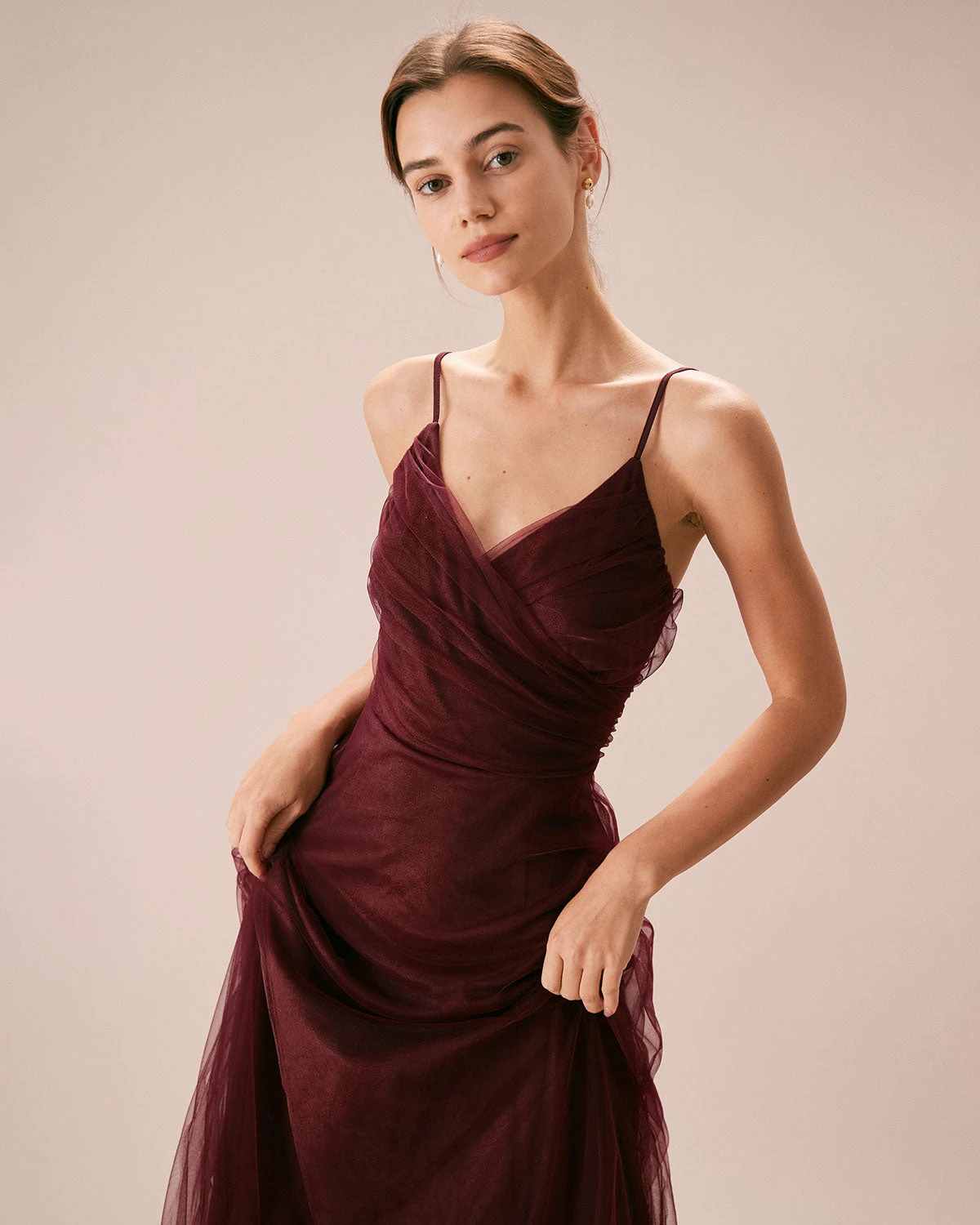 The Wine Red V Neck Mesh Wrap Maxi Dress - Image 3