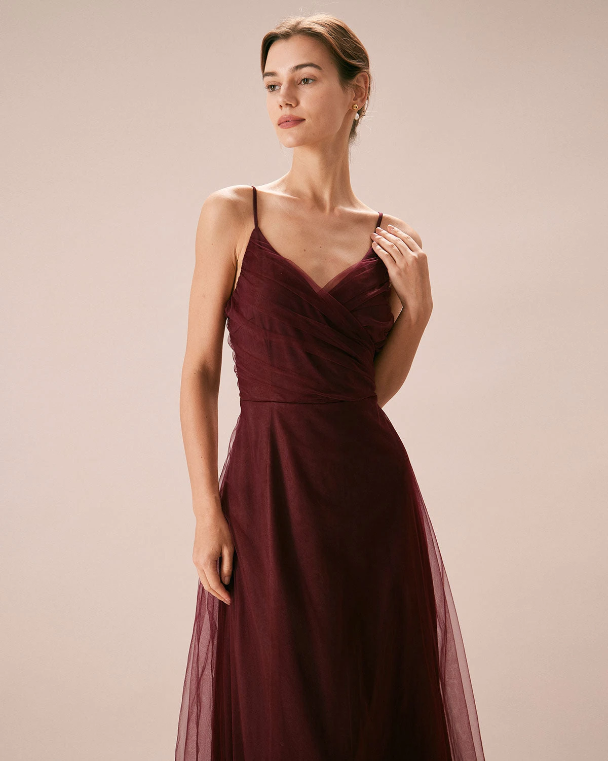 The Wine Red V Neck Mesh Wrap Maxi Dress - Image 4