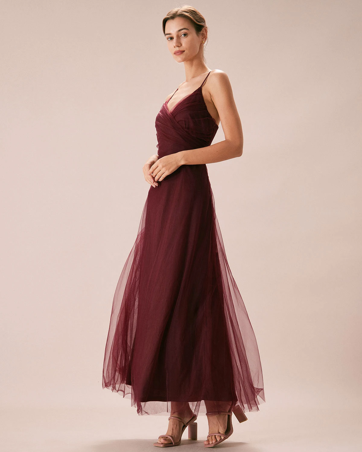 The Wine Red V Neck Mesh Wrap Maxi Dress - Image 5