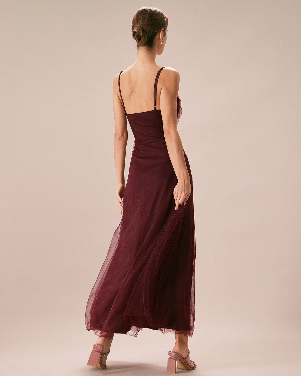 The Wine Red V Neck Mesh Wrap Maxi Dress - Image 6