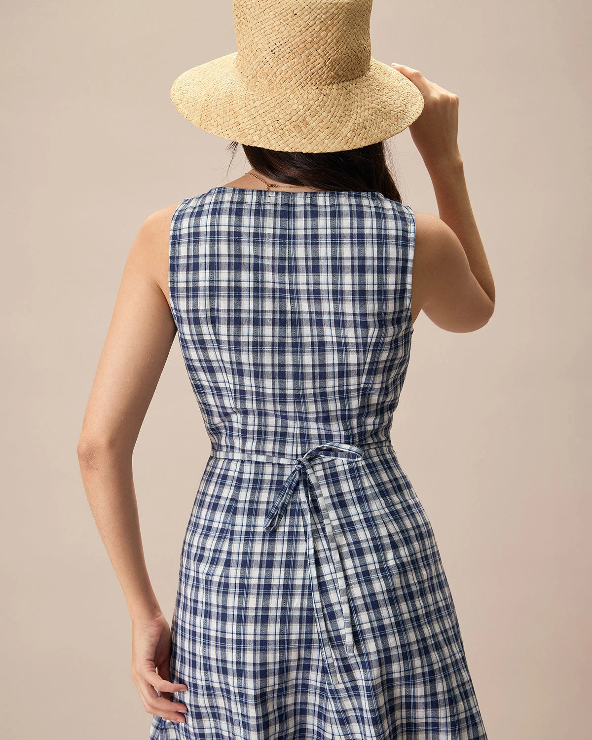 The Blue V Neck Plaid Button Cotton Midi Dress - Image 3