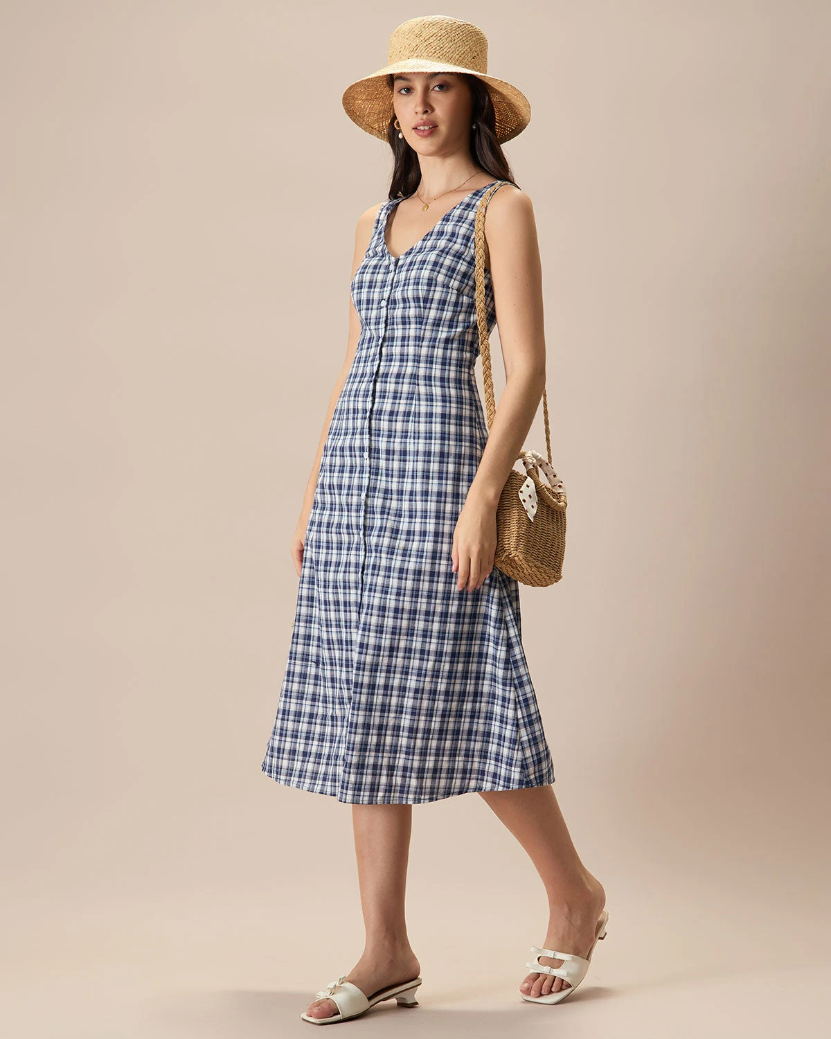 The Blue V Neck Plaid Button Cotton Midi Dress - Image 4