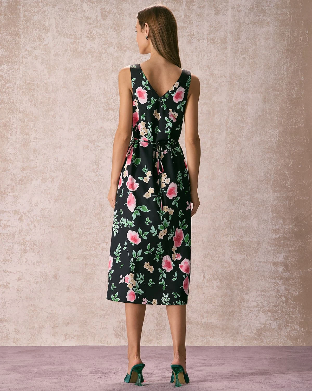 The Black V Neck Tie Back Floral Midi Dress - Image 5
