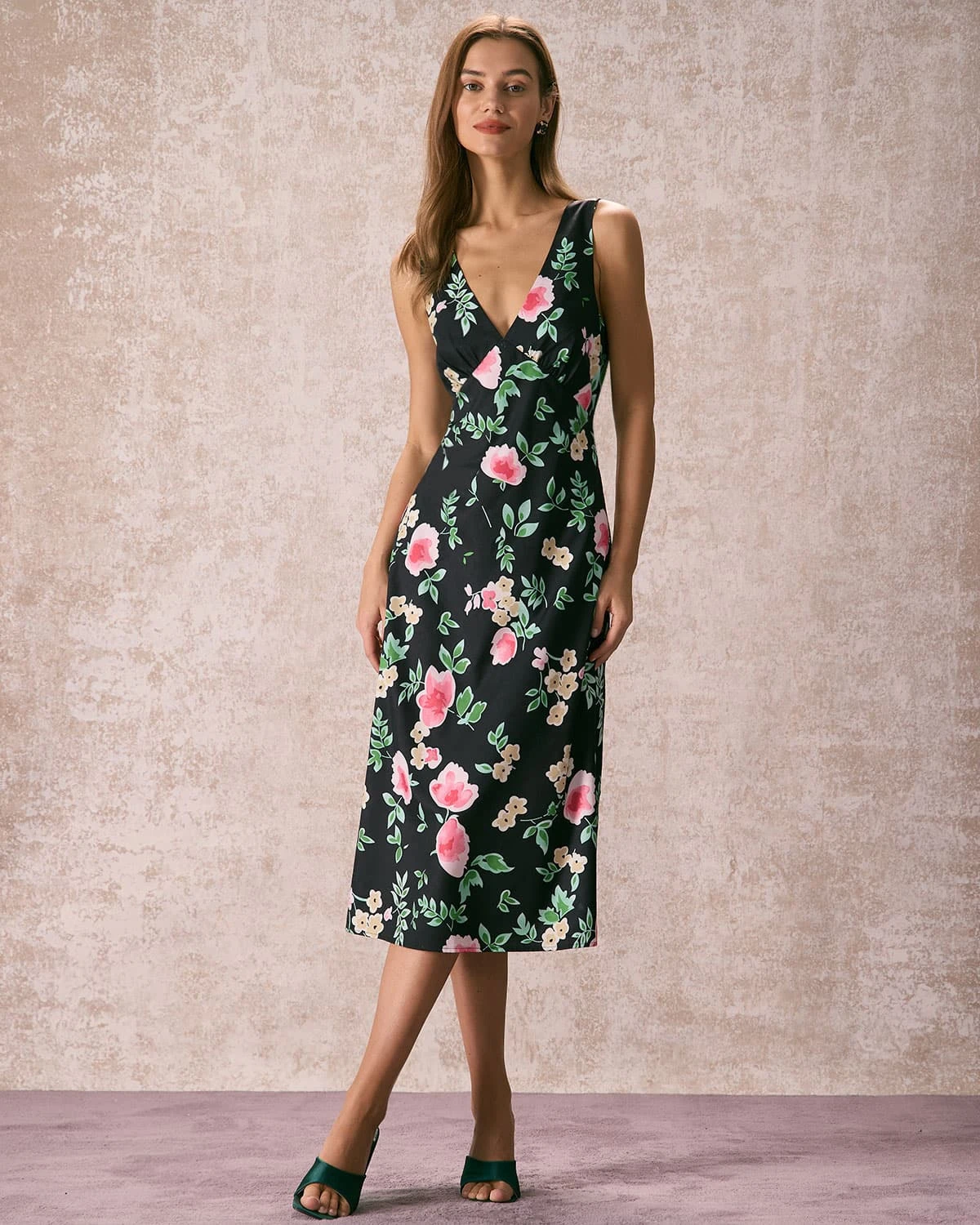 The Black V Neck Tie Back Floral Midi Dress - Image 3