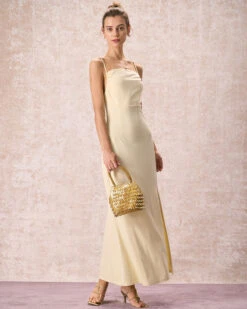 The Yellow Ruched Backless Slip Maxi Dress