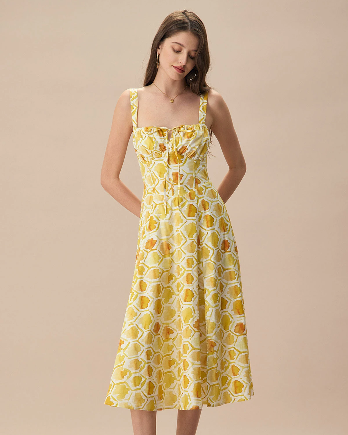 The Yellow Square Neck Floral Cotton Midi Dress - Image 3