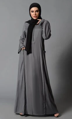 Zipper Detail And Contrast Color Trims Basic Abaya Dress